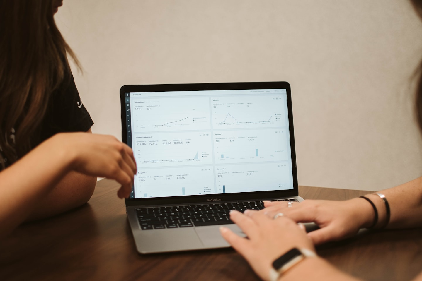 Two people collaborating over business data on a MacBook.